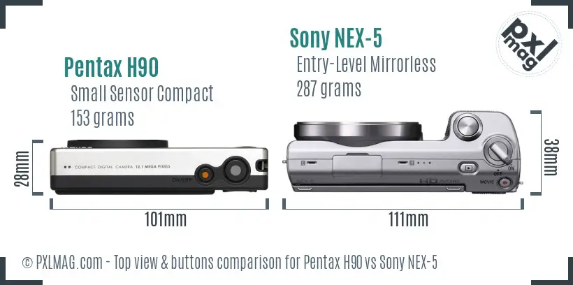 Pentax H90 vs Sony NEX-5 top view buttons comparison