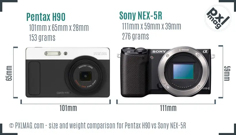 Pentax H90 vs Sony NEX-5R size comparison