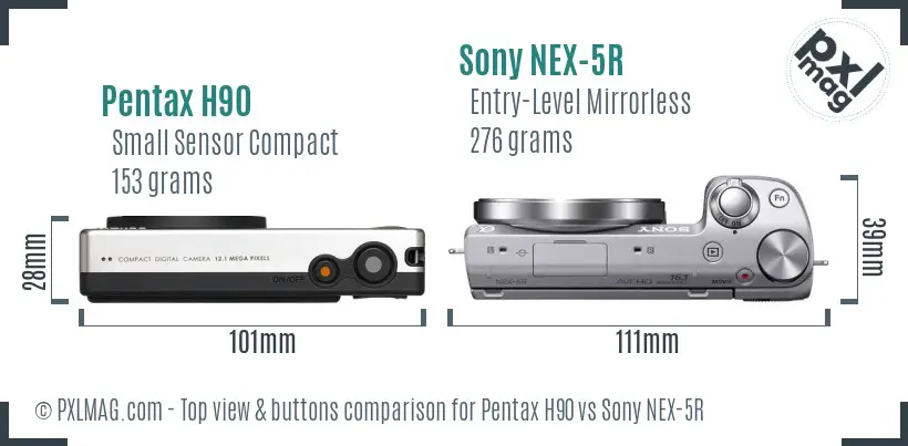 Pentax H90 vs Sony NEX-5R top view buttons comparison