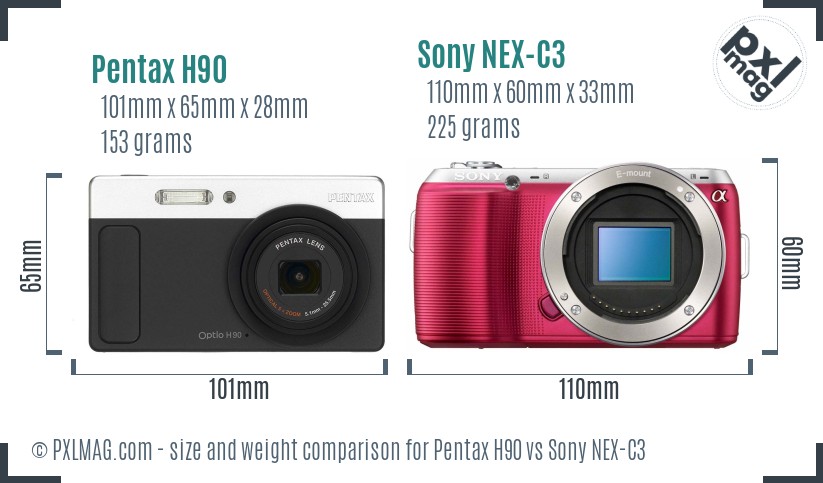 Pentax H90 vs Sony NEX-C3 size comparison