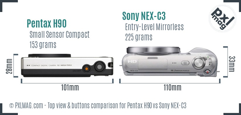 Pentax H90 vs Sony NEX-C3 top view buttons comparison
