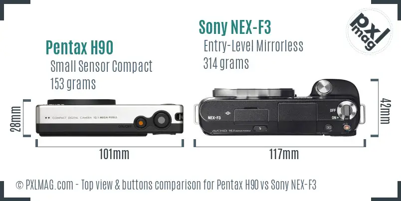 Pentax H90 vs Sony NEX-F3 top view buttons comparison