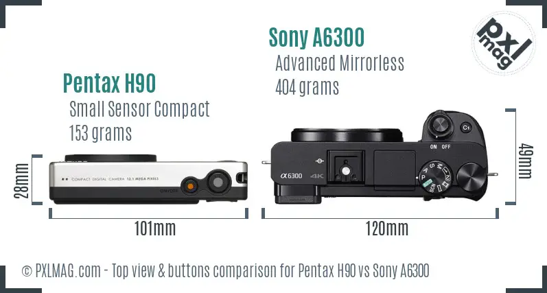 Pentax H90 vs Sony A6300 top view buttons comparison