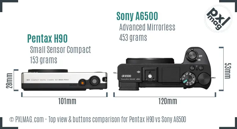 Pentax H90 vs Sony A6500 top view buttons comparison