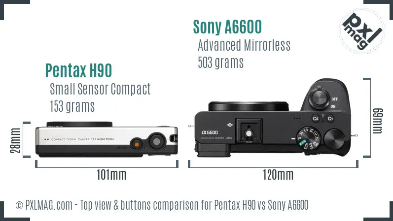 Pentax H90 vs Sony A6600 top view buttons comparison