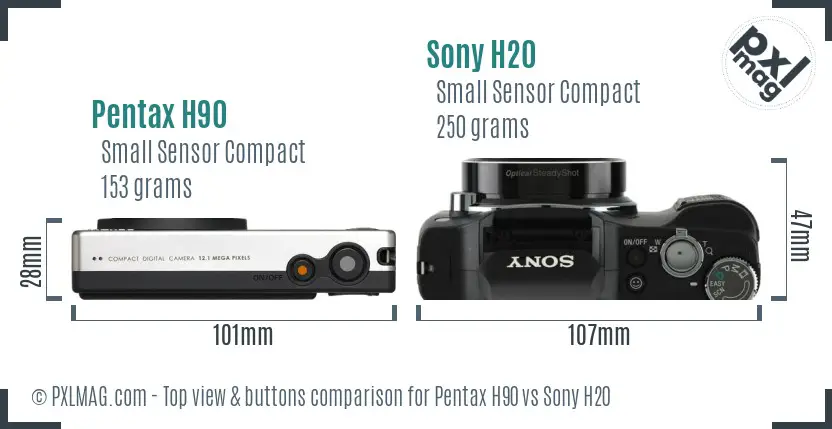 Pentax H90 vs Sony H20 top view buttons comparison