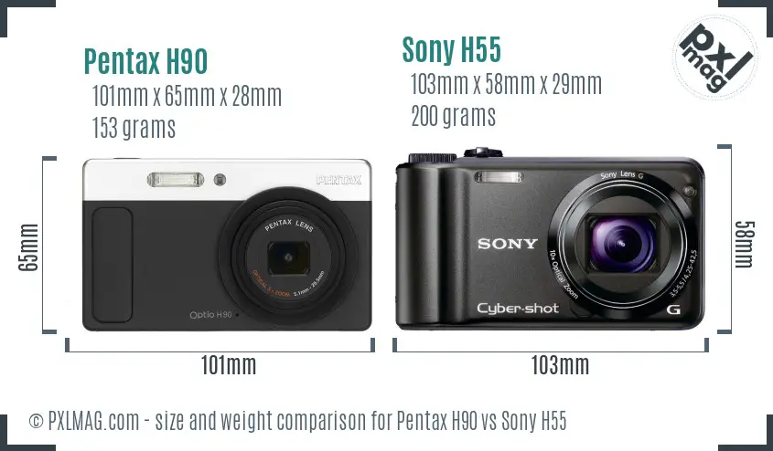 Pentax H90 vs Sony H55 size comparison