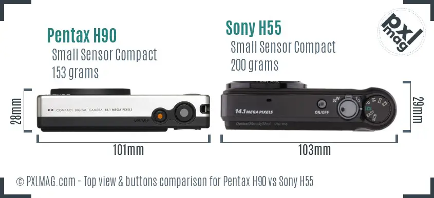 Pentax H90 vs Sony H55 top view buttons comparison