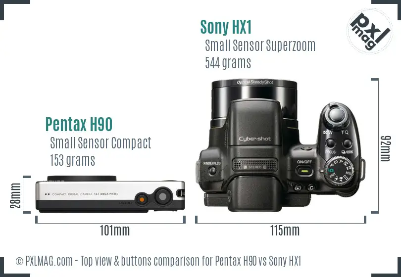 Pentax H90 vs Sony HX1 top view buttons comparison