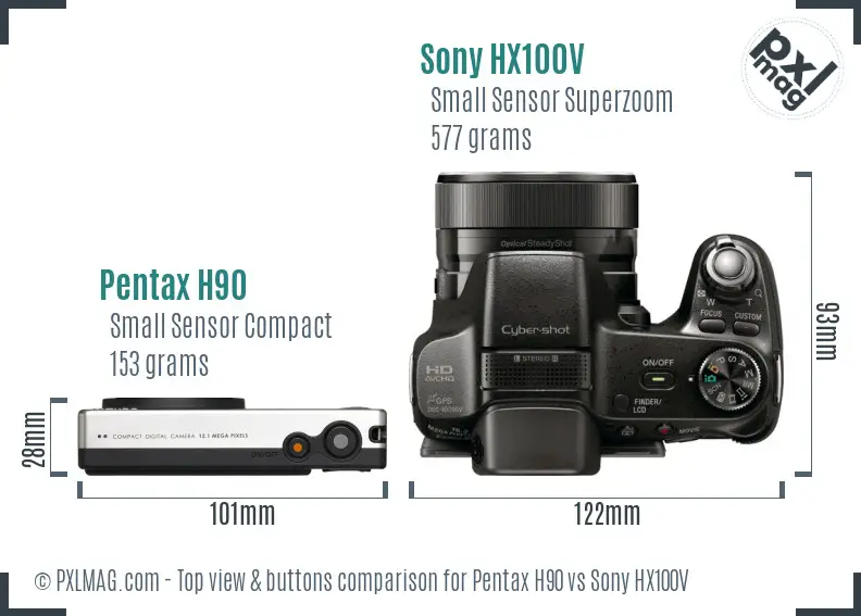 Pentax H90 vs Sony HX100V top view buttons comparison