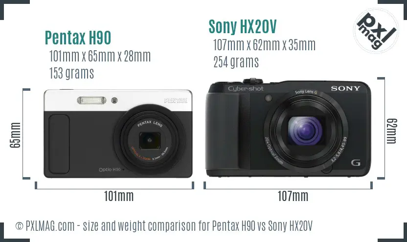 Pentax H90 vs Sony HX20V size comparison
