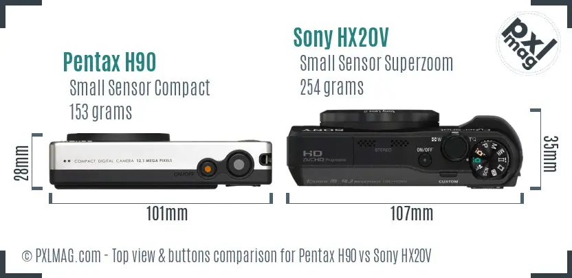 Pentax H90 vs Sony HX20V top view buttons comparison