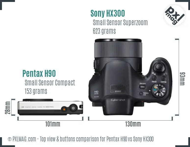 Pentax H90 vs Sony HX300 top view buttons comparison