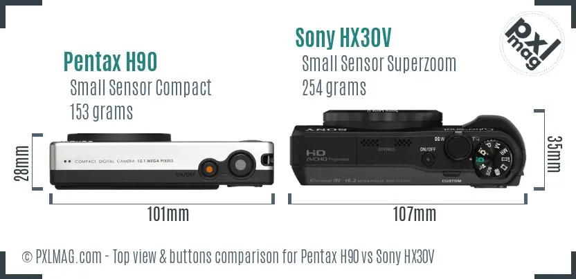 Pentax H90 vs Sony HX30V top view buttons comparison