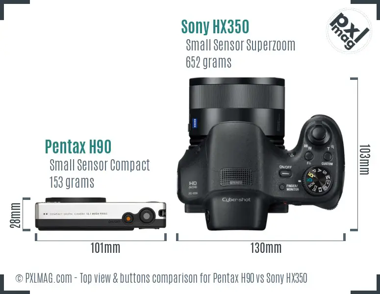 Pentax H90 vs Sony HX350 top view buttons comparison