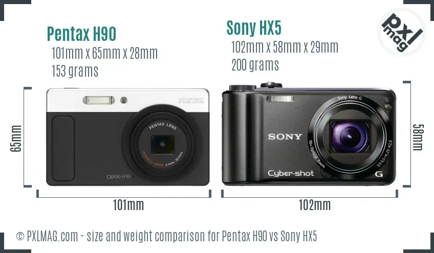 Pentax H90 vs Sony HX5 size comparison