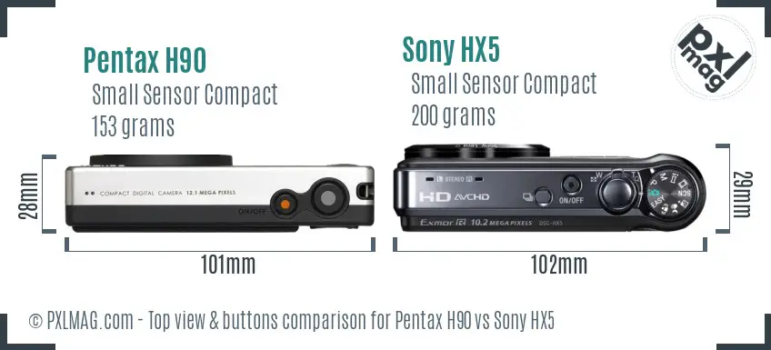 Pentax H90 vs Sony HX5 top view buttons comparison