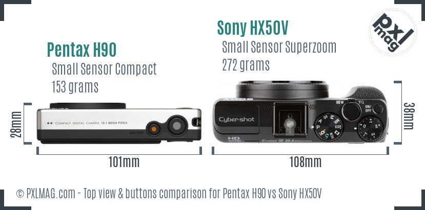 Pentax H90 vs Sony HX50V top view buttons comparison