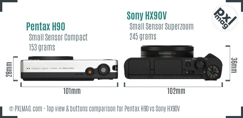 Pentax H90 vs Sony HX90V top view buttons comparison Pentax H90 vs Sony HX90V top view buttons comparison