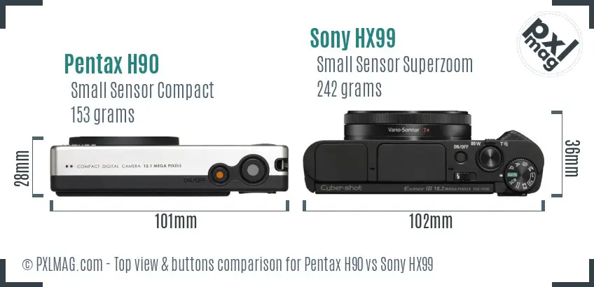 Pentax H90 vs Sony HX99 top view buttons comparison Pentax H90 vs Sony HX99 top view buttons comparison