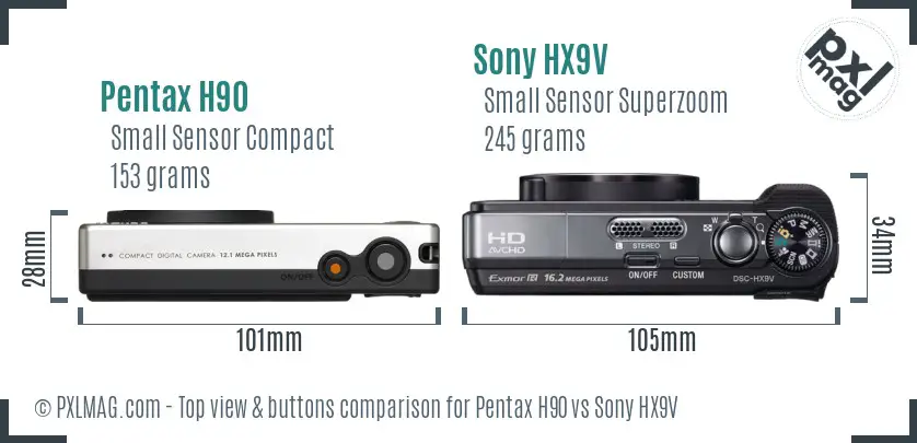 Pentax H90 vs Sony HX9V top view buttons comparison