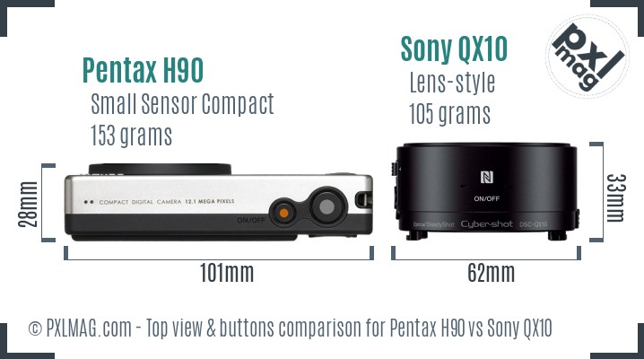 Pentax H90 vs Sony QX10 top view buttons comparison