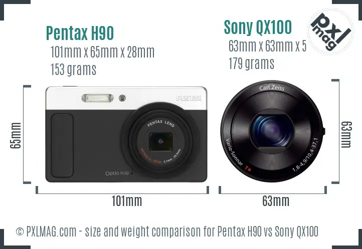 Pentax H90 vs Sony QX100 size comparison