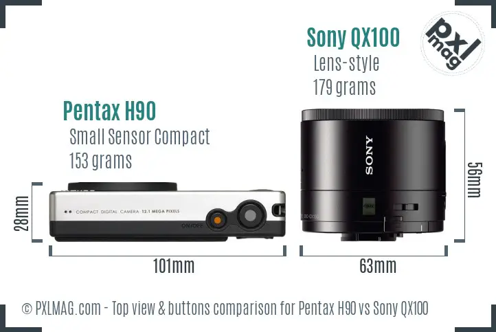 Pentax H90 vs Sony QX100 top view buttons comparison
