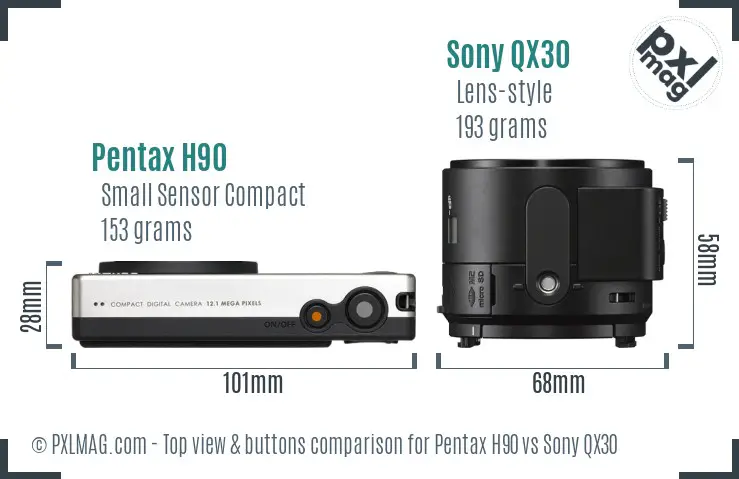 Pentax H90 vs Sony QX30 top view buttons comparison Pentax H90 vs Sony QX30 top view buttons comparison