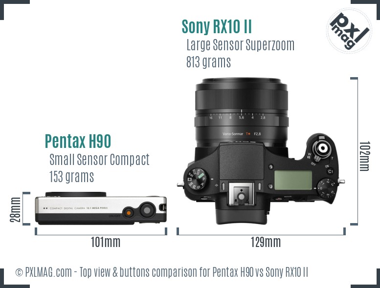 Pentax H90 vs Sony RX10 II top view buttons comparison