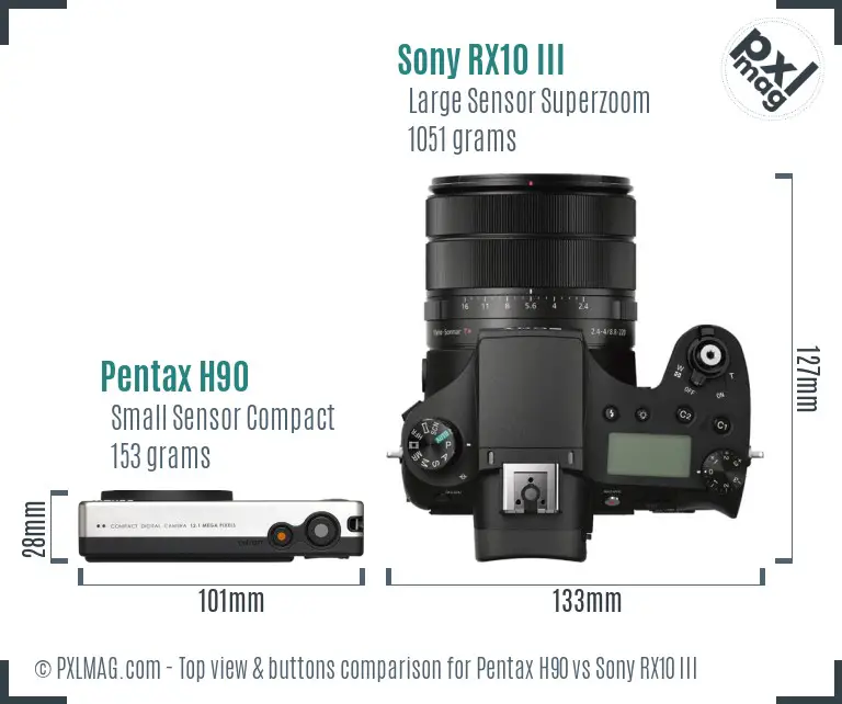 Pentax H90 vs Sony RX10 III top view buttons comparison