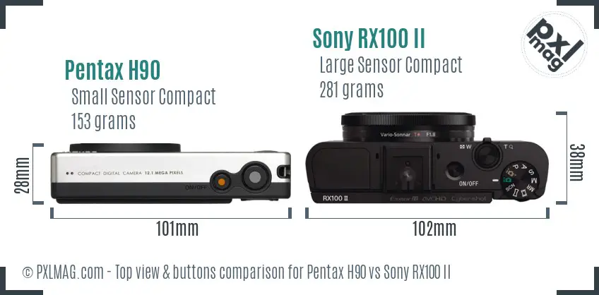 Pentax H90 vs Sony RX100 II top view buttons comparison