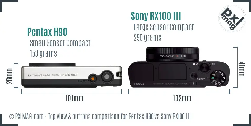 Pentax H90 vs Sony RX100 III top view buttons comparison