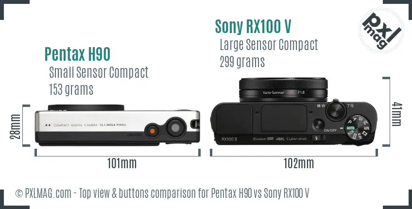 Pentax H90 vs Sony RX100 V top view buttons comparison