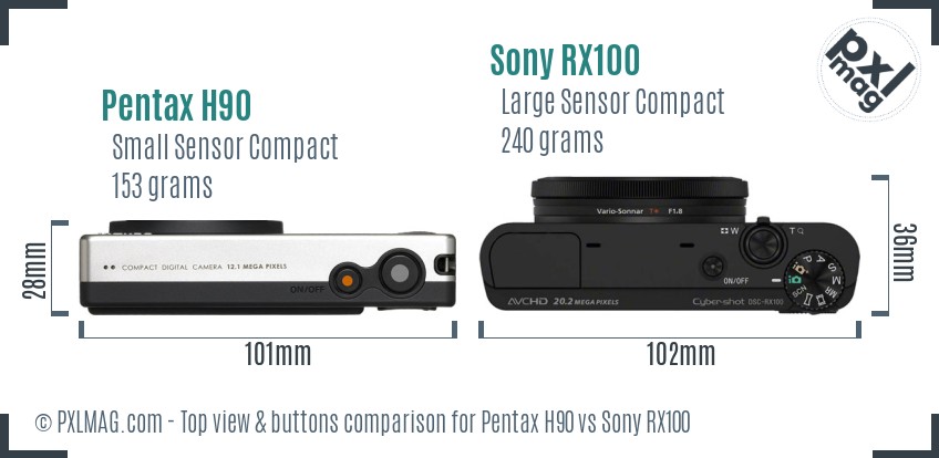 Pentax H90 vs Sony RX100 top view buttons comparison