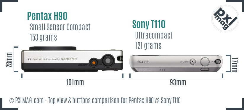 Pentax H90 vs Sony T110 top view buttons comparison
