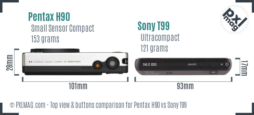Pentax H90 vs Sony T99 top view buttons comparison
