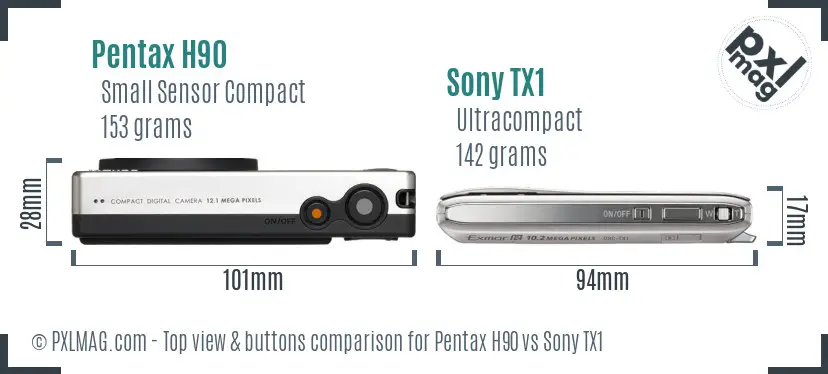 Pentax H90 vs Sony TX1 top view buttons comparison Pentax H90 vs Sony TX1 top view buttons comparison