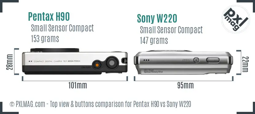 Pentax H90 vs Sony W220 top view buttons comparison