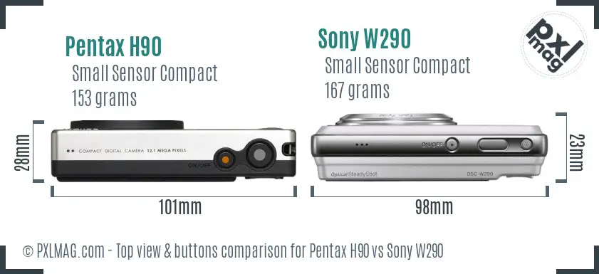 Pentax H90 vs Sony W290 top view buttons comparison