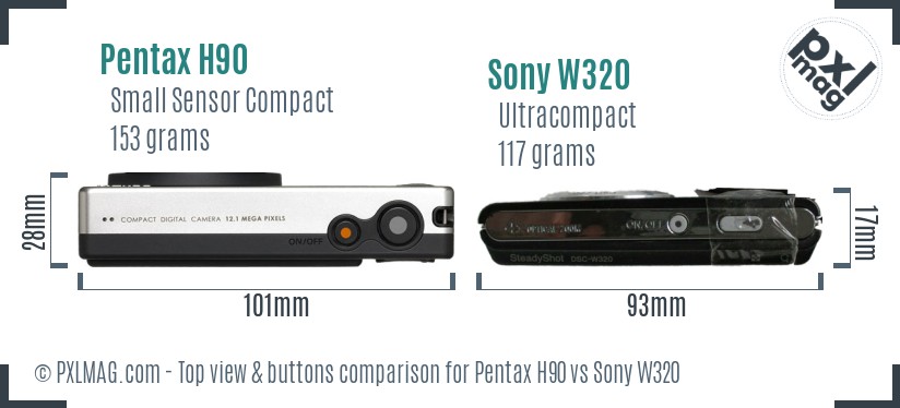 Pentax H90 vs Sony W320 top view buttons comparison