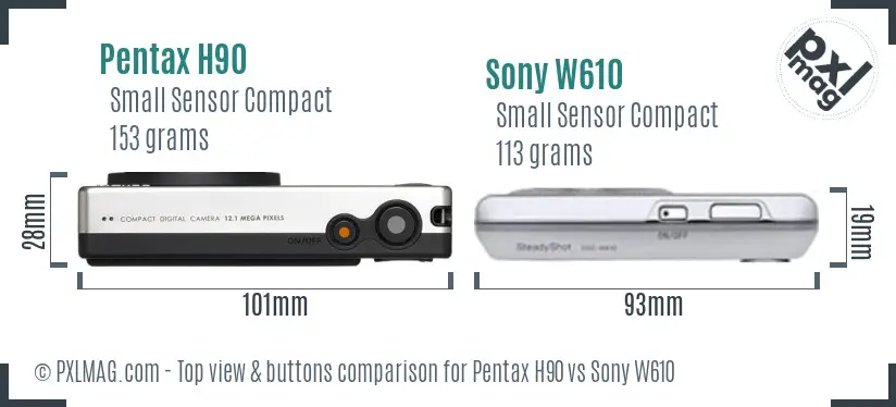 Pentax H90 vs Sony W610 top view buttons comparison
