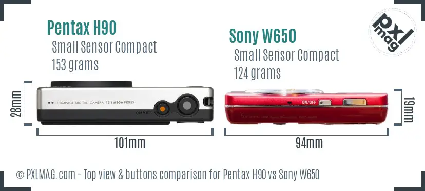 Pentax H90 vs Sony W650 top view buttons comparison Pentax H90 vs Sony W650 top view buttons comparison