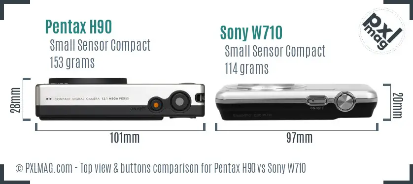 Pentax H90 vs Sony W710 top view buttons comparison