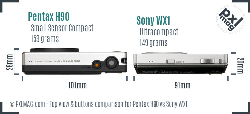 Pentax H90 vs Sony WX1 top view buttons comparison