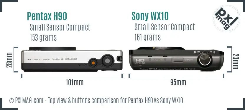 Pentax H90 vs Sony WX10 top view buttons comparison