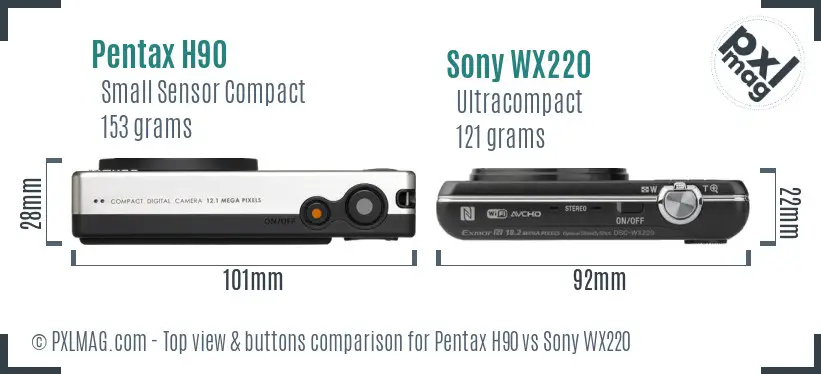 Pentax H90 vs Sony WX220 top view buttons comparison Pentax H90 vs Sony WX220 top view buttons comparison