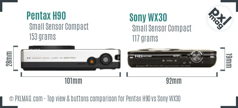 Pentax H90 vs Sony WX30 top view buttons comparison