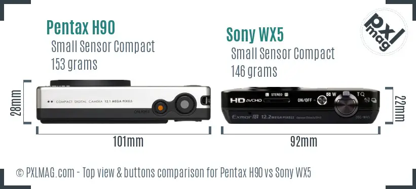 Pentax H90 vs Sony WX5 top view buttons comparison Pentax H90 vs Sony WX5 top view buttons comparison