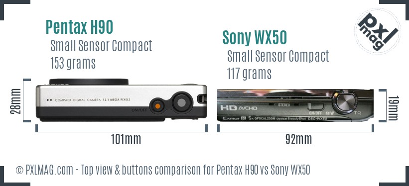 Pentax H90 vs Sony WX50 top view buttons comparison